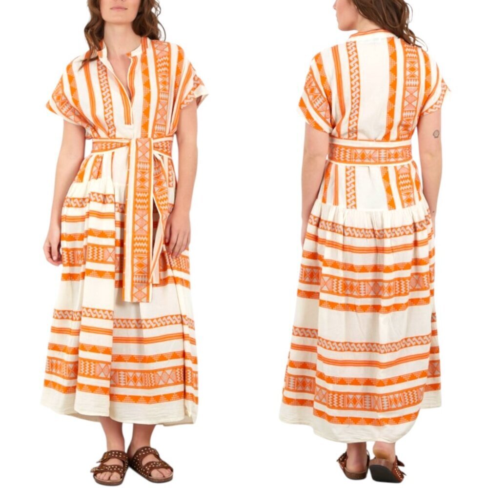 Devotion Twins, Women’s ‘Anticara’ Maxi Dress, Embroidered, White, Orange Medium
